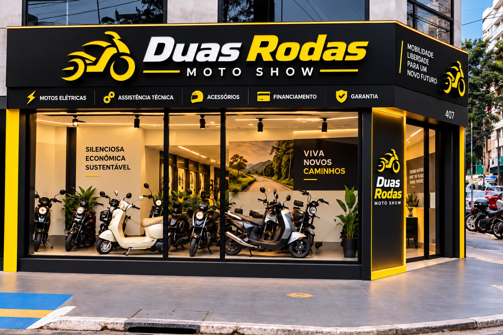Fachada da Duas Rodas Moto Show com scooters na vitrine